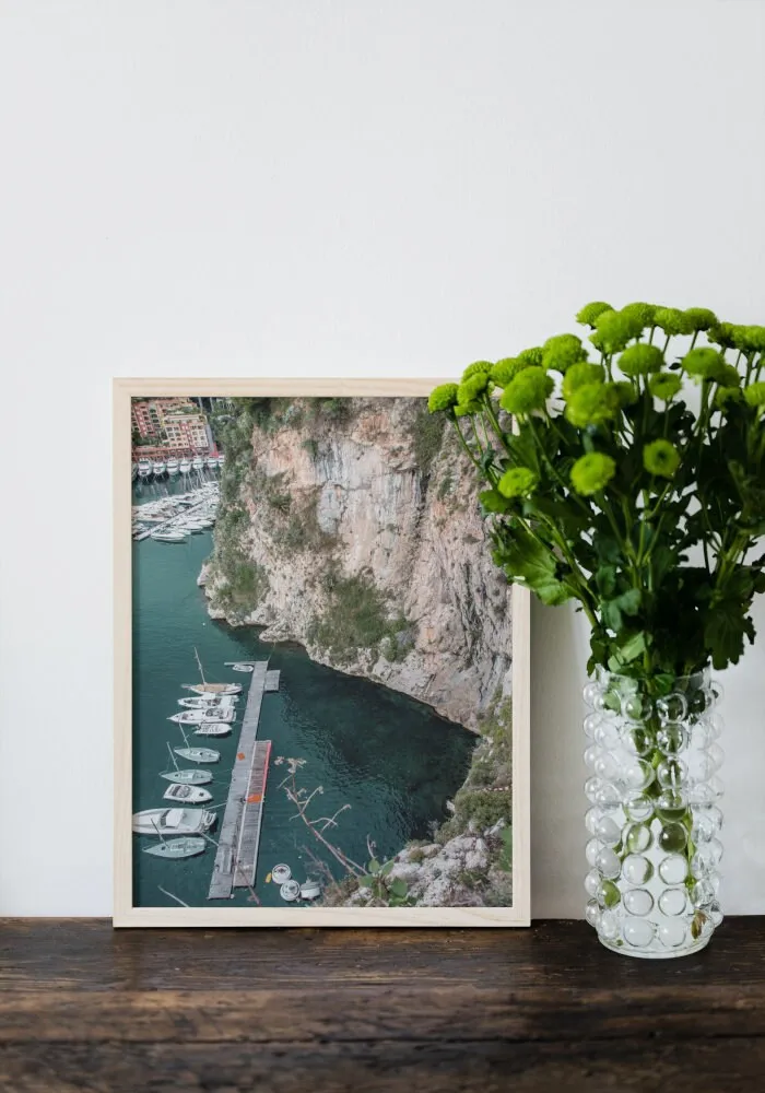 Aerial Monaco Poster INSTANT DOWNLOAD Art Print, Pastel Mediterranean Decor, Beach Photography, Marina Boat Cliff, Summer Print, Sage Green Poster, Coastal Wall Art