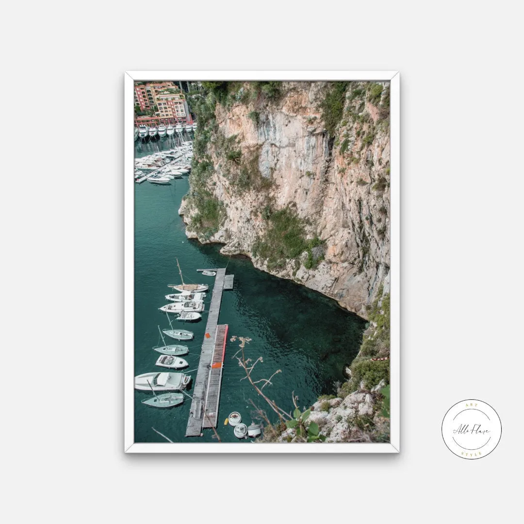 Aerial Monaco Poster INSTANT DOWNLOAD Art Print, Pastel Mediterranean Decor, Beach Photography, Marina Boat Cliff, Summer Print, Sage Green Poster, Coastal Wall Art
