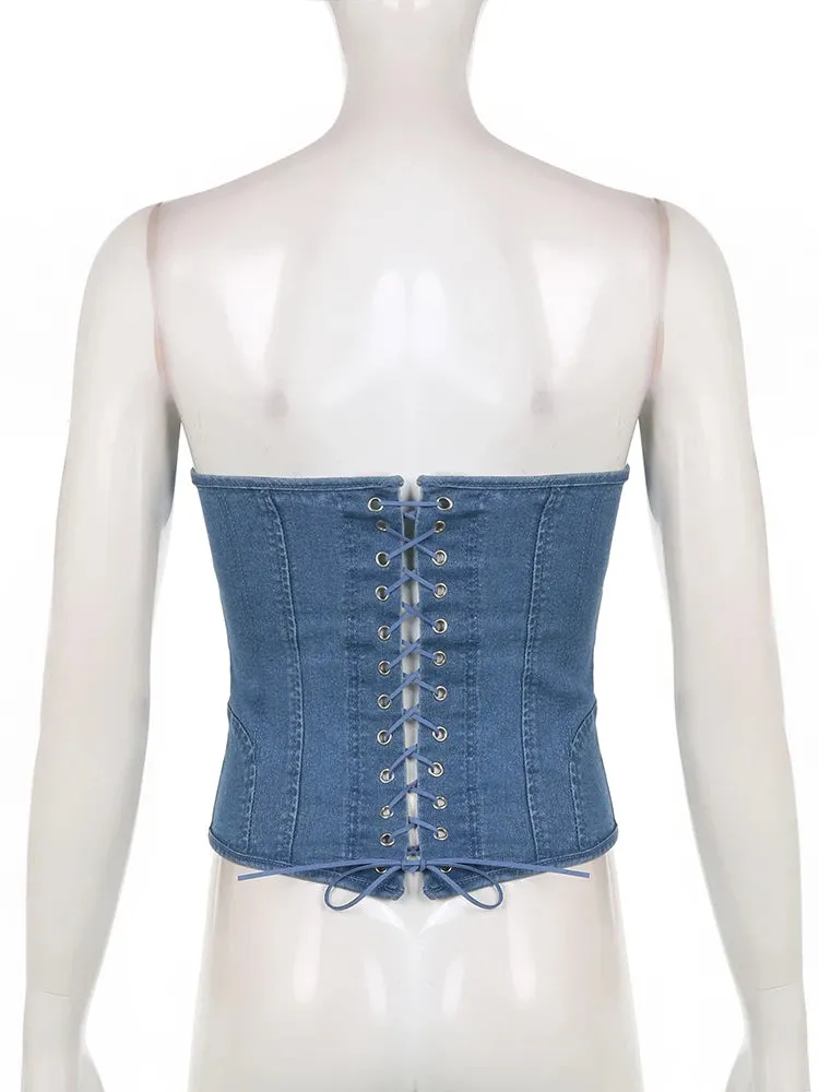 Fashion Elegant Strapless Tube Corset Bustier Tops Hook Lace Up Ladies Party Cummerbunds Crop Top Bandage Club Denim