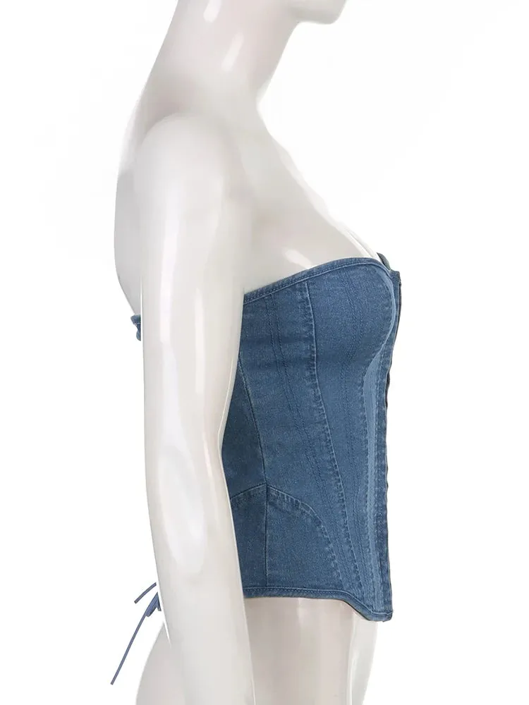 Fashion Elegant Strapless Tube Corset Bustier Tops Hook Lace Up Ladies Party Cummerbunds Crop Top Bandage Club Denim