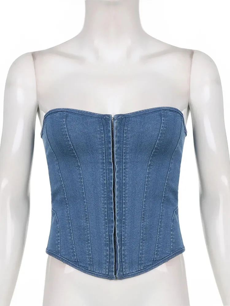 Fashion Elegant Strapless Tube Corset Bustier Tops Hook Lace Up Ladies Party Cummerbunds Crop Top Bandage Club Denim