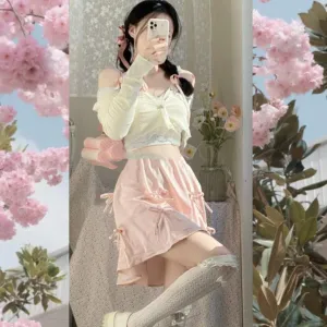 Gentleness    Cardigan, Cami Top, and Skirt  Set Kawaii Academia Y2K Cottagecore Coquette Fairycore Dollette Princesscore Bottoms